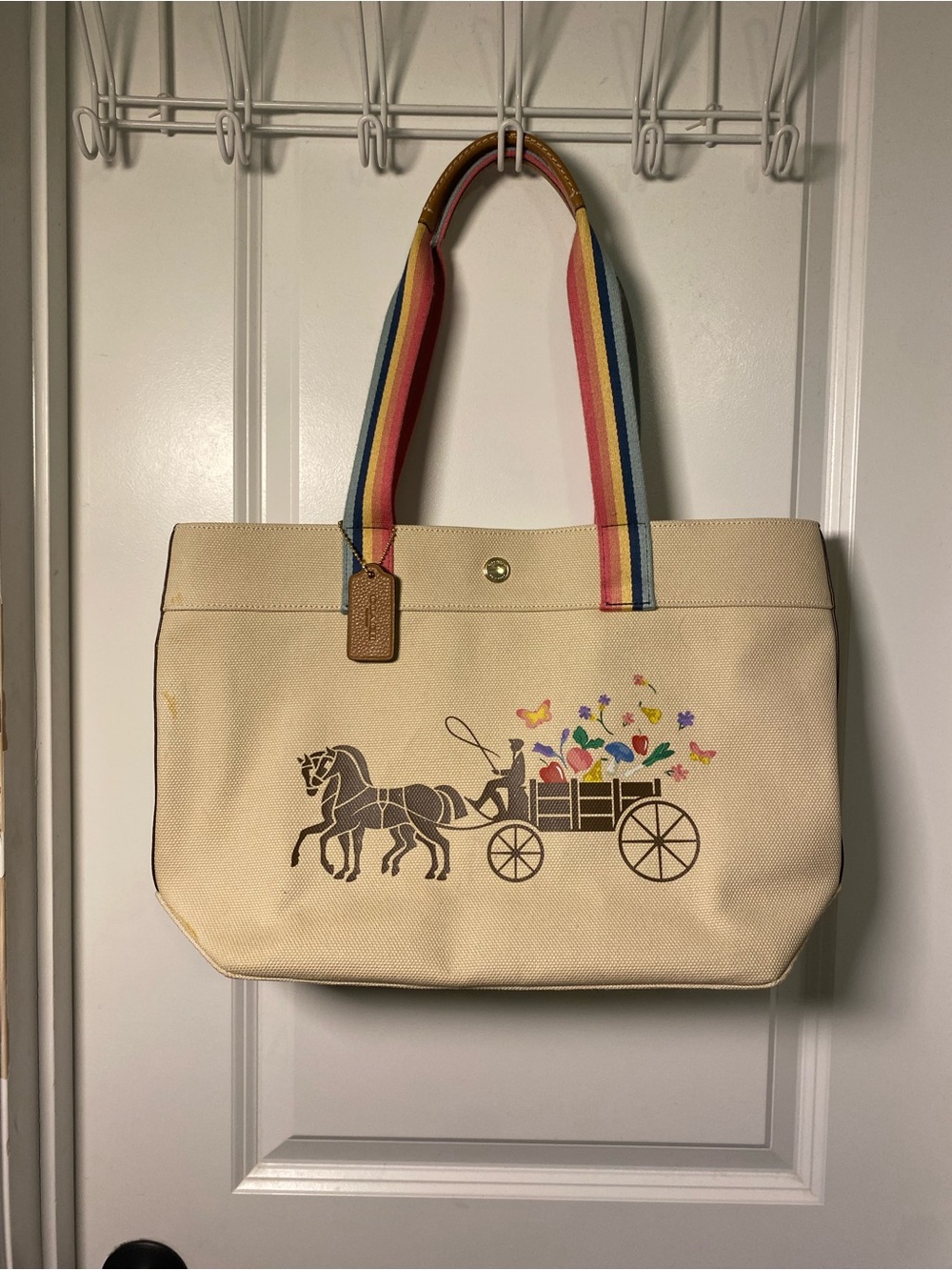 Coach Horse and Carriage Canvas Shopper Tote Rainbow Handles Leather Trim